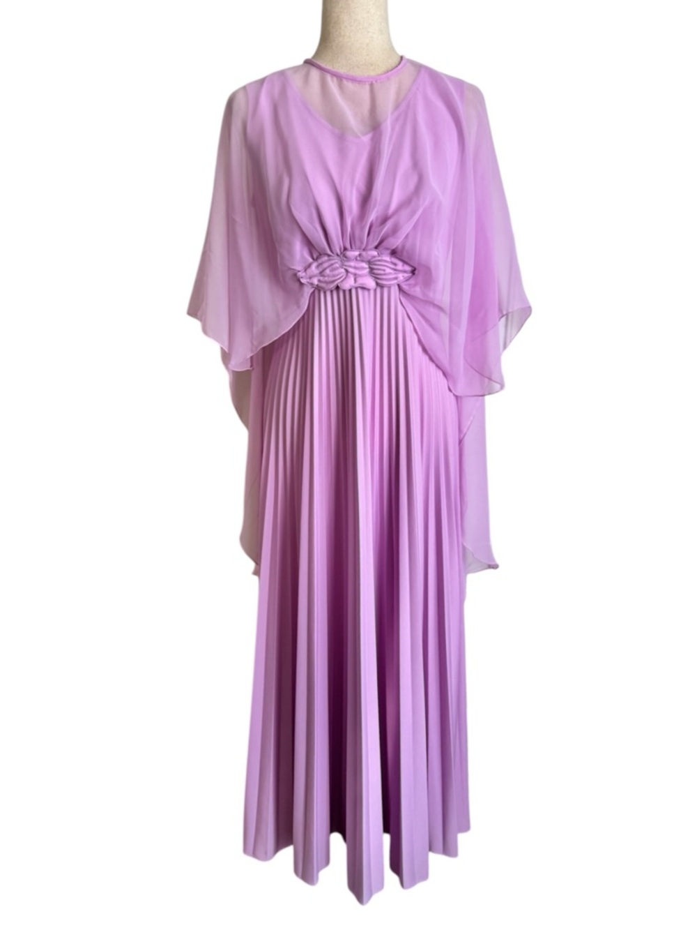 Vintage Lavender Pleated Maxi Dress with Rosette Cape Detail